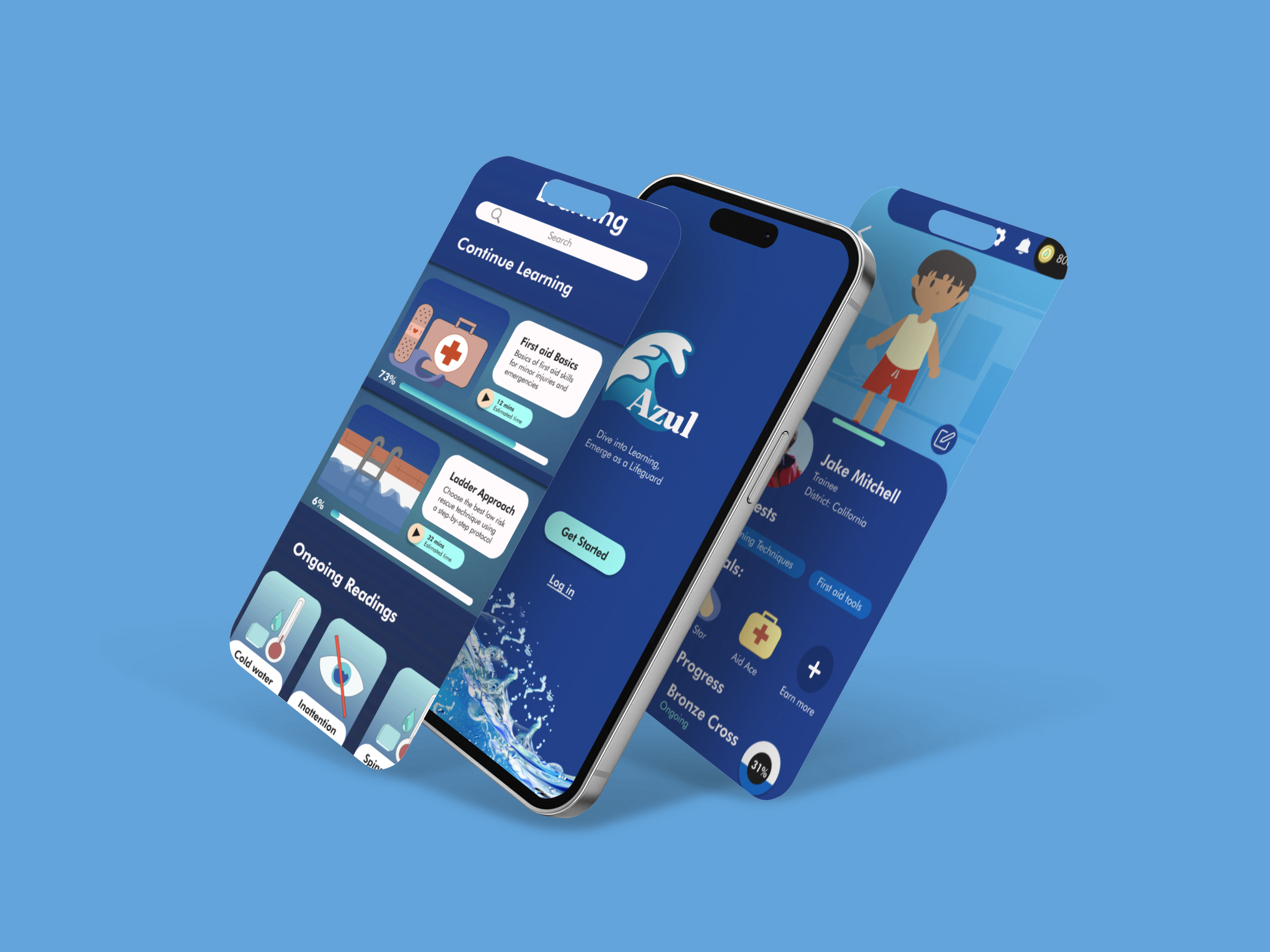 Azul lifeguard training app showing gamified learning modules