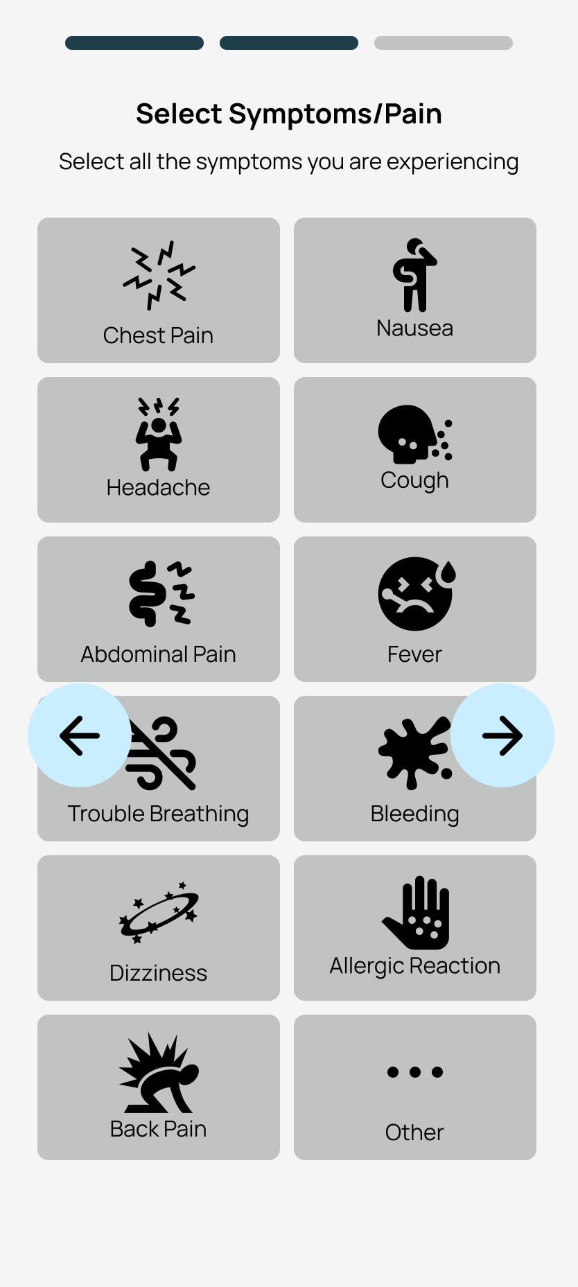 Symptom selection screen