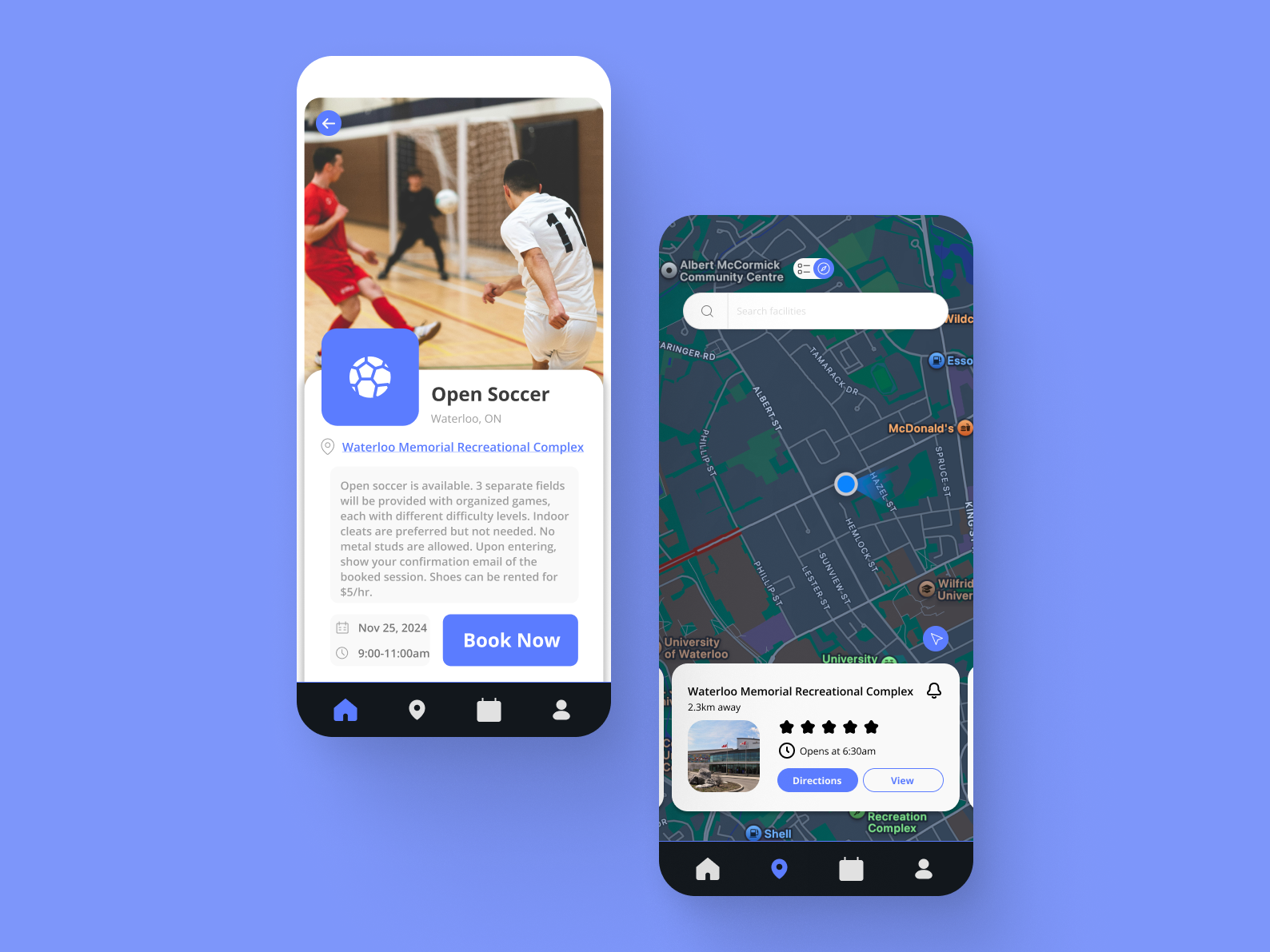 Relocate app showing recreation facility booking interface